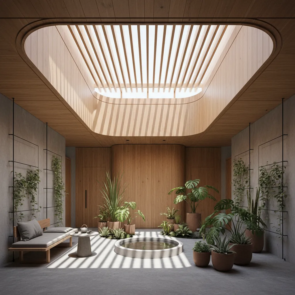 Indoor garden space with wooden walls roof window green potted plants small pool and sofa