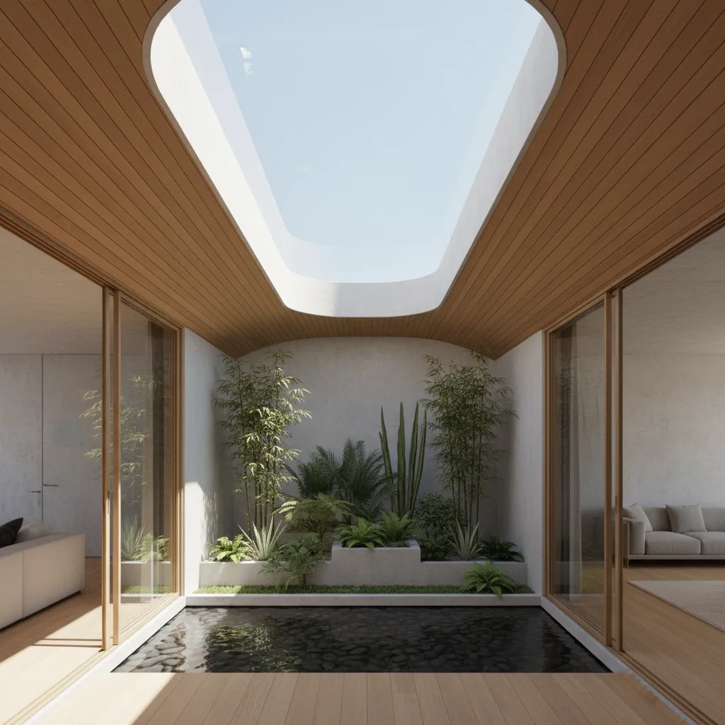 Indoor courtyard with green plants, small pond, wood ceiling, large roof window, sliding glass doors