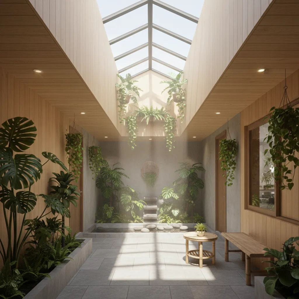 Indoor garden room with roof window, many green plants, wood walls, stone floor, and bench