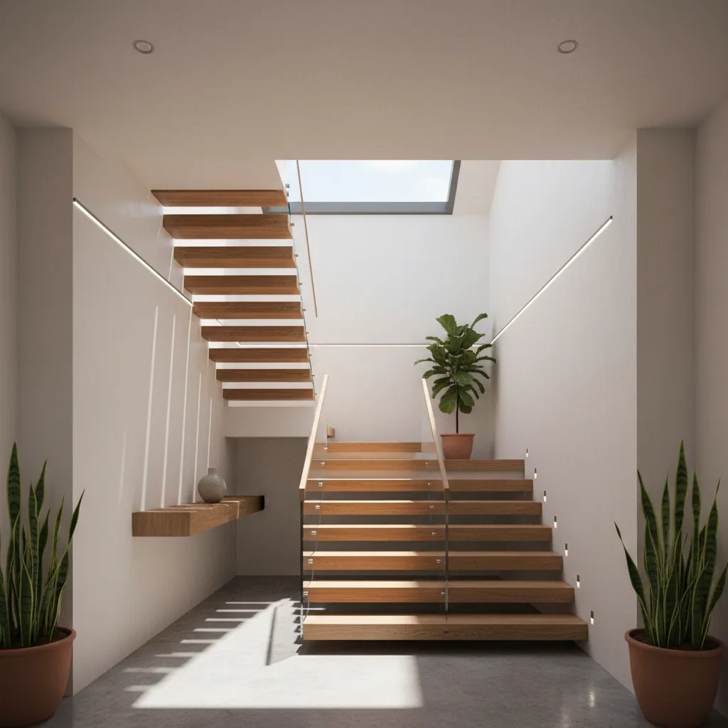 Modern wooden stairs in a white room with roof window green potted plants and wall lights