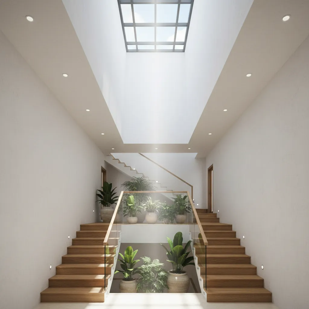Modern wooden stairs with glass railings white walls green potted plants and bright roof window