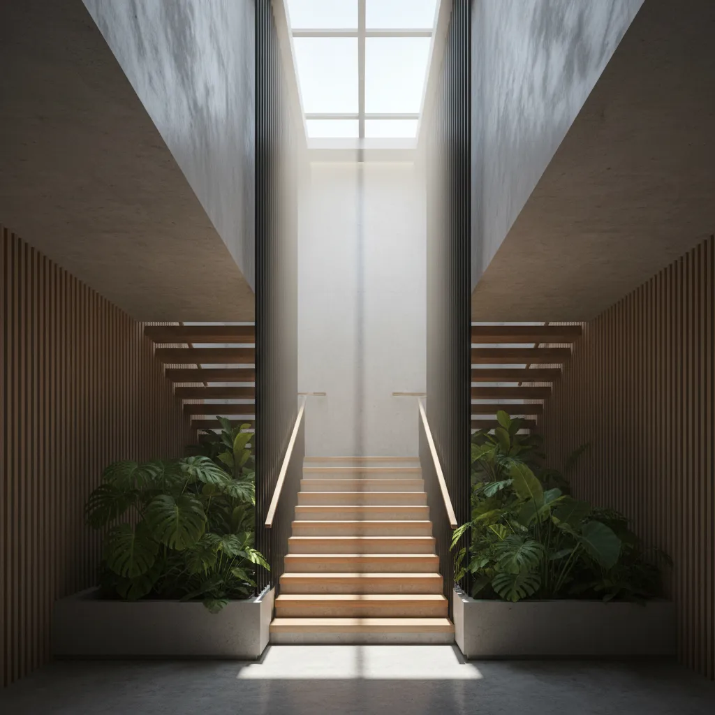 Modern wooden staircase with green plants on both sides under a bright roof window lighting