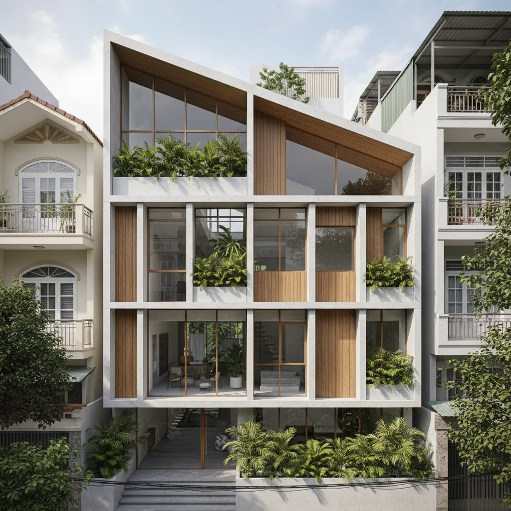 Contemporary tube house with asymmetric sloped roof