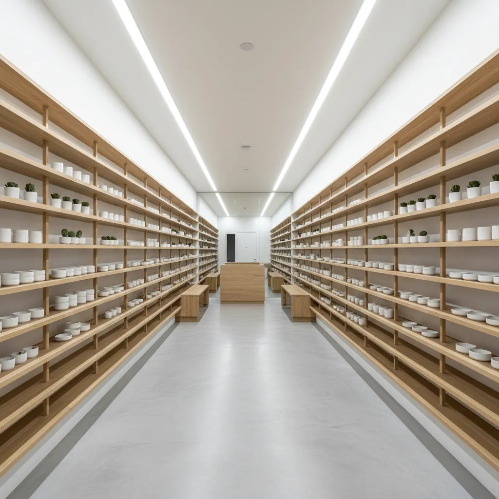 Minimalist retail shop interior with long wooden wall shelves, white floor, and bright ceiling lights