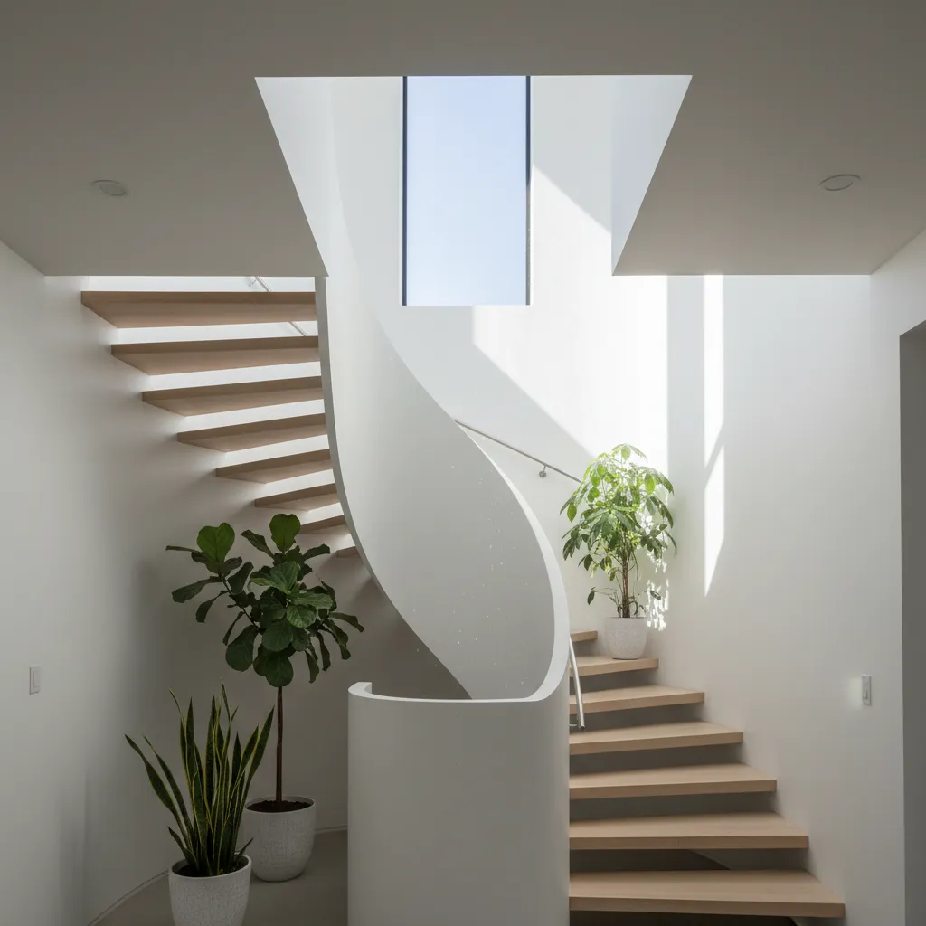 Modern white spiral staircase with wood steps, green plants, and natural light from roof window