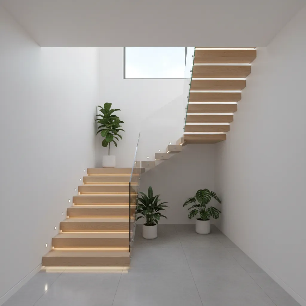 Modern wooden stairs with lights glass railing white walls green potted plants and grey tiles