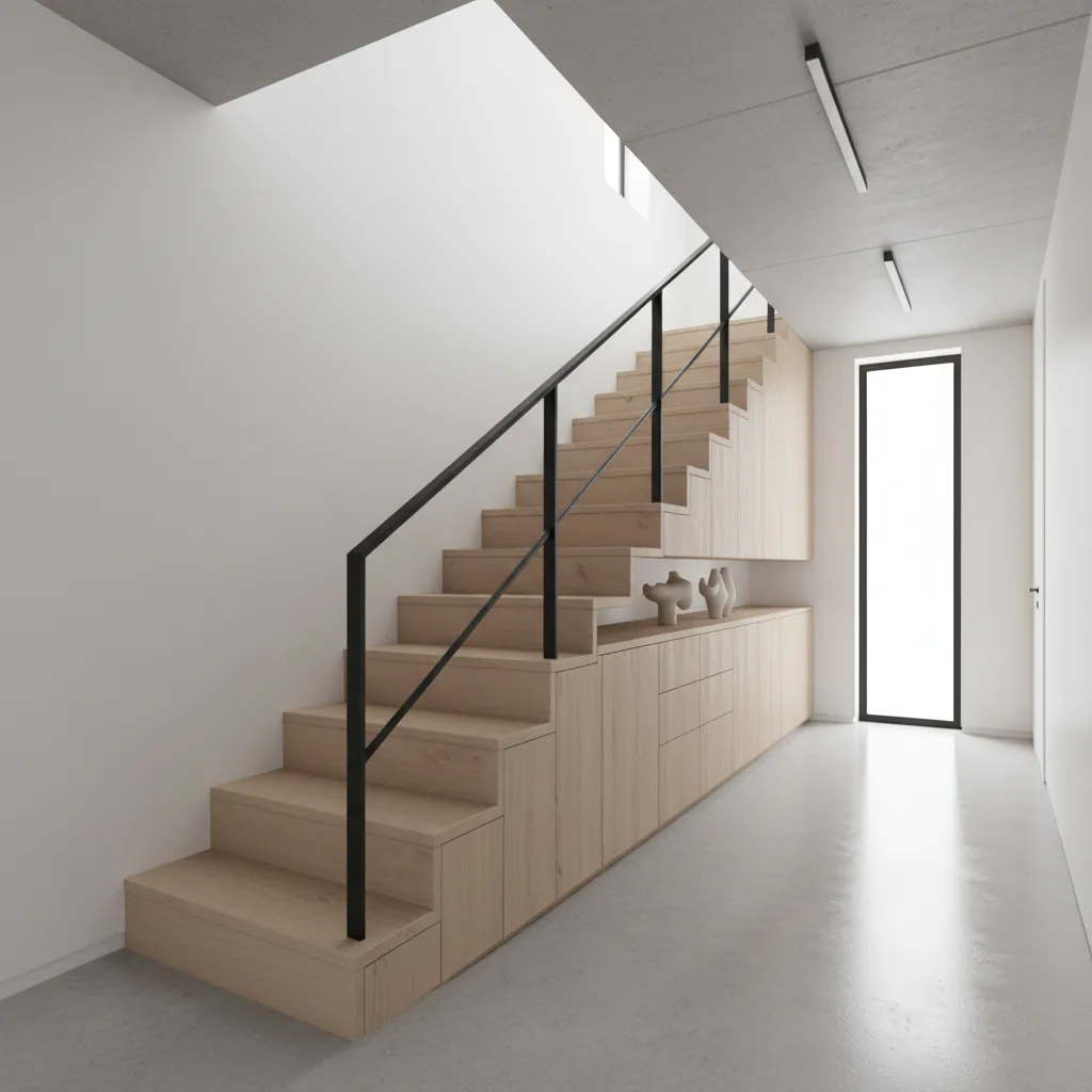 Storage cabinets built under staircase in tube house
