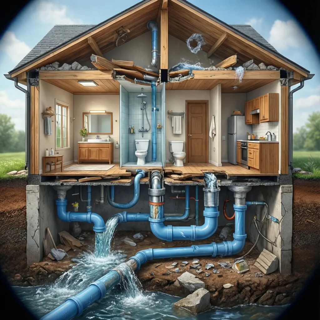 Interior design drawing showing a house cutaway with blue water pipes connecting kitchen and bathrooms