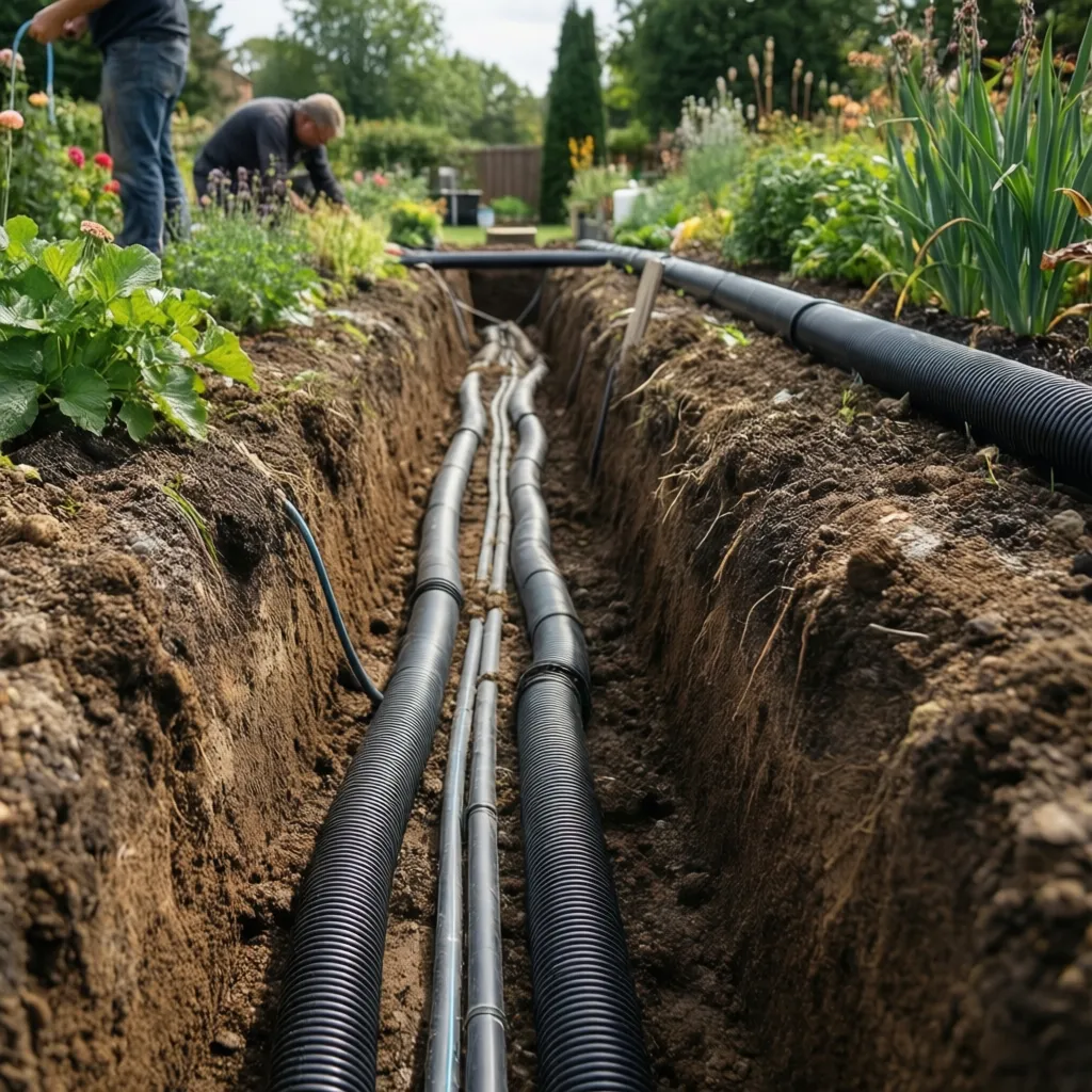 Instalación de tuberías de riego en el suelo del jardín