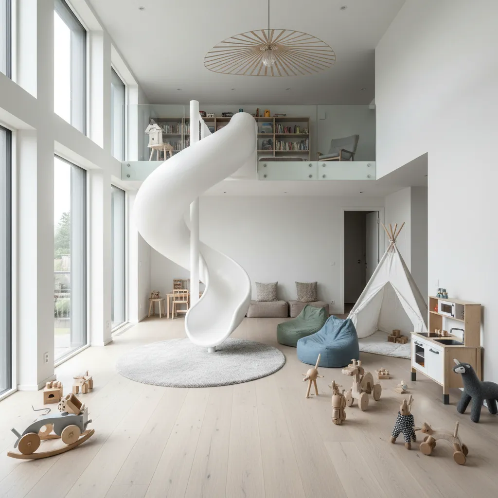 Tubo interior infantil en una casa moderna conectando altillo con zona de juegos