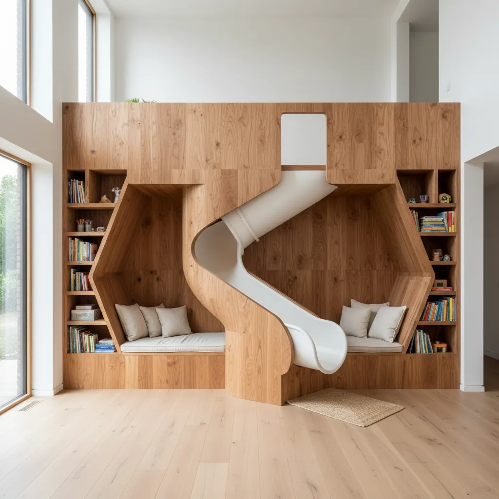 Tubo infantil parcialmente oculto dentro de una estructura de madera