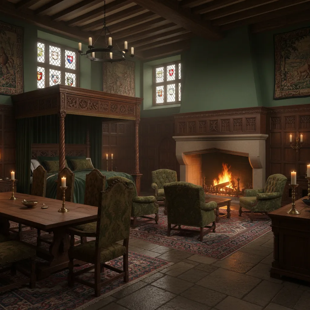 Sala con paleta de colores Tudor en verde oscuro y madera natural