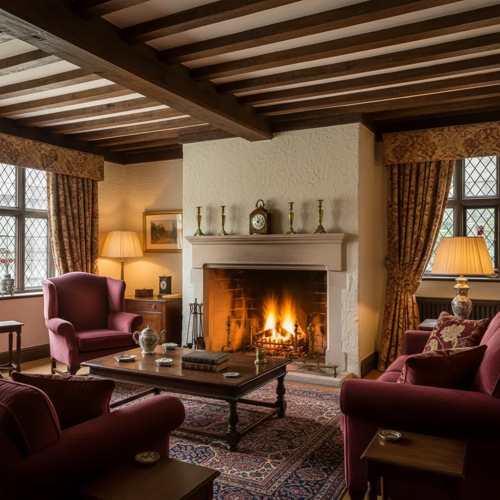 Salón estilo Tudor con vigas de madera expuestas y muebles tradicionales