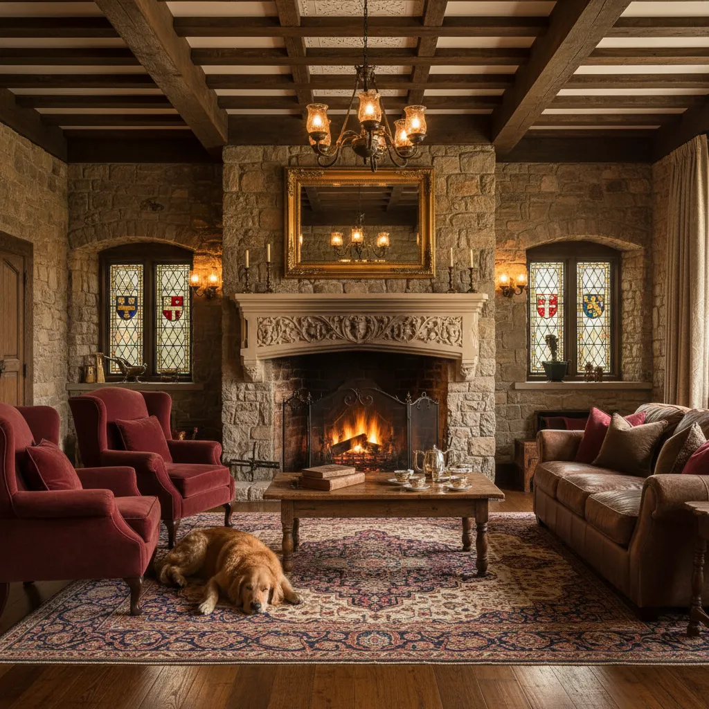 Chimenea de piedra en salón estilo Tudor