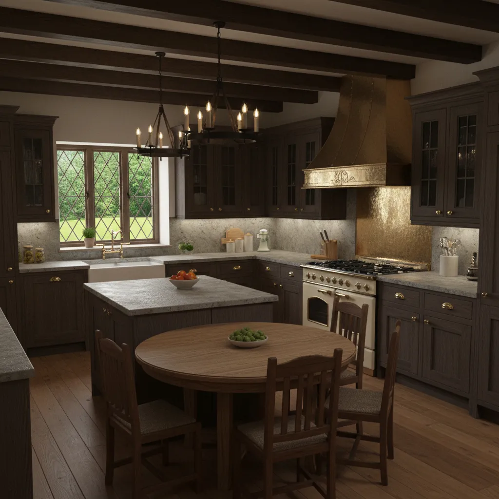 Cocina estilo Tudor con gabinetes de madera y encimera de piedra