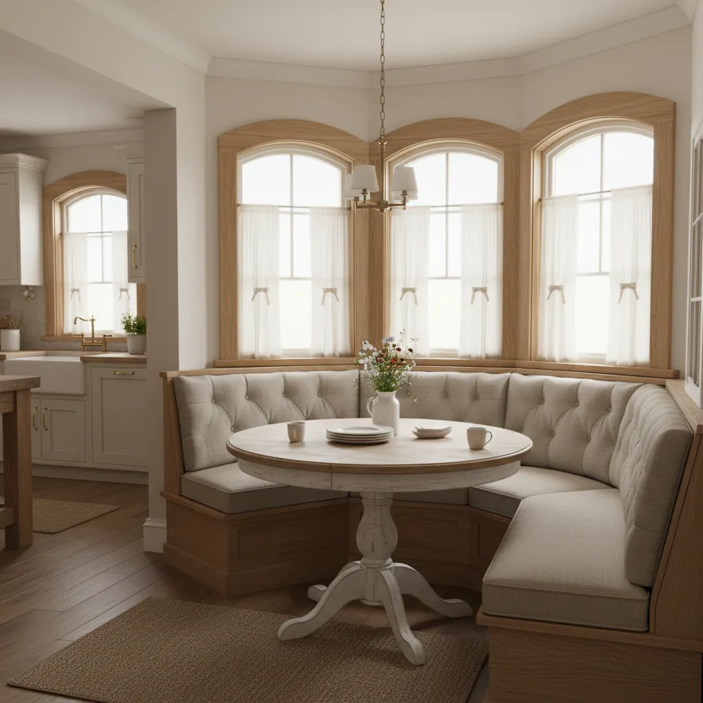 Classic breakfast nook with tufted bench cushion upholstery and round table