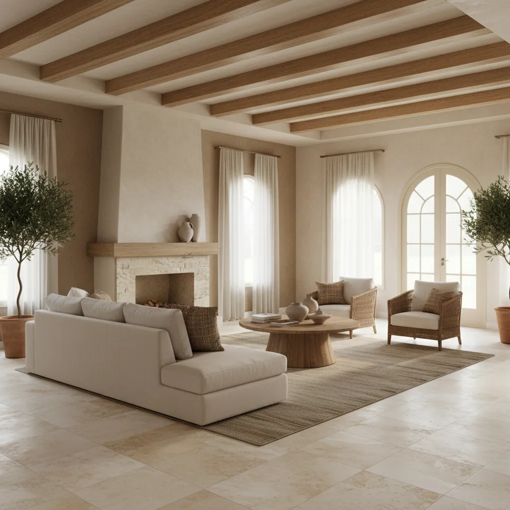Modern living space with porcelain travertine tile and faux beams as budget Tuscan alternatives
