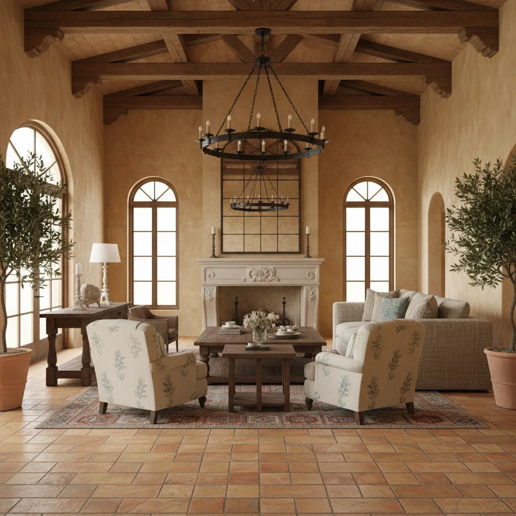 Tuscan style living room showing terracotta look tile floor plaster walls and rustic wood accents