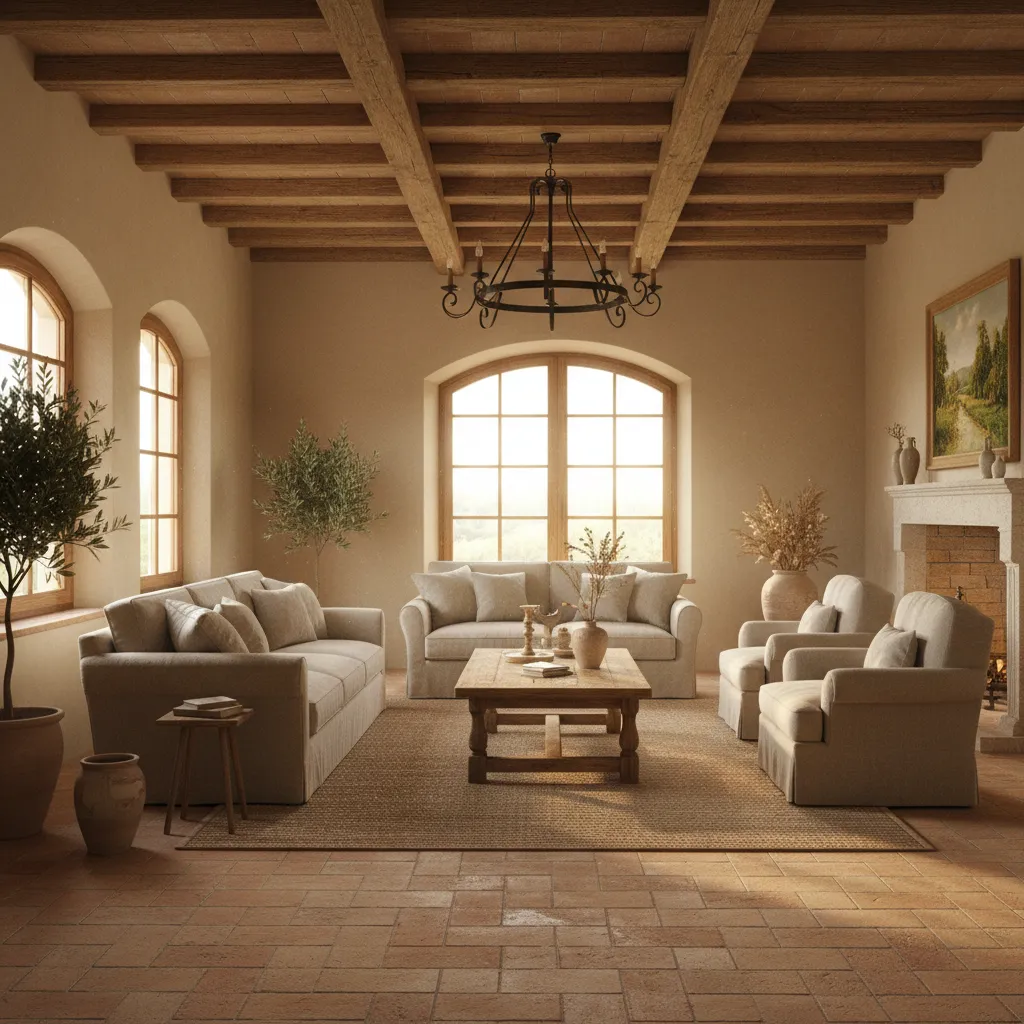 Tuscan style living room with rustic wood beams terracotta floor and warm plaster walls