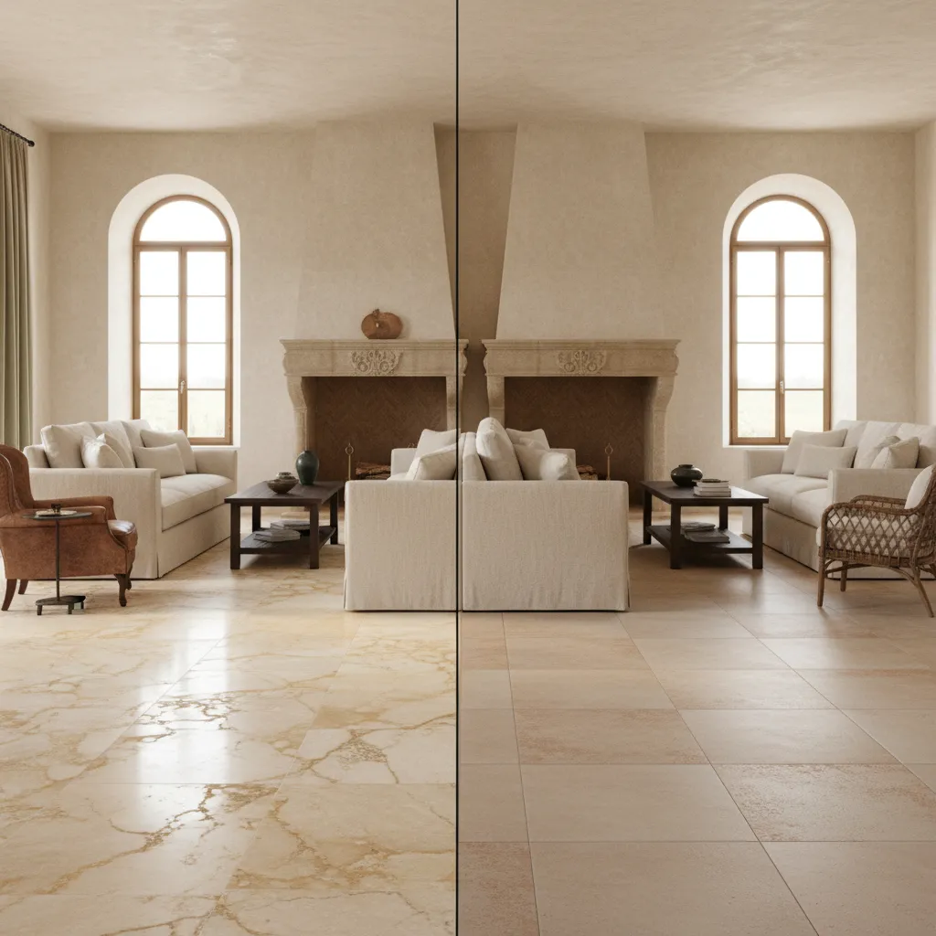 Interior scene showing comparison between natural stone flooring and porcelain tile