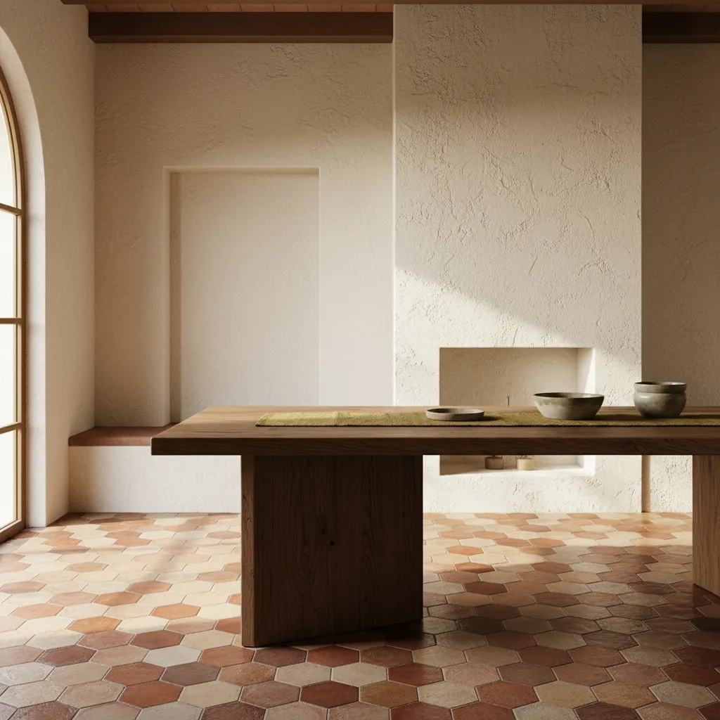 Combination of rustic wood terracotta tile and textured plaster in Tuscan interior