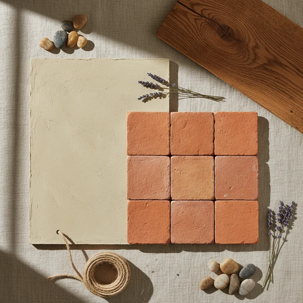 Collection of Tuscan interior textures including terracotta tiles limewash wall and reclaimed wood