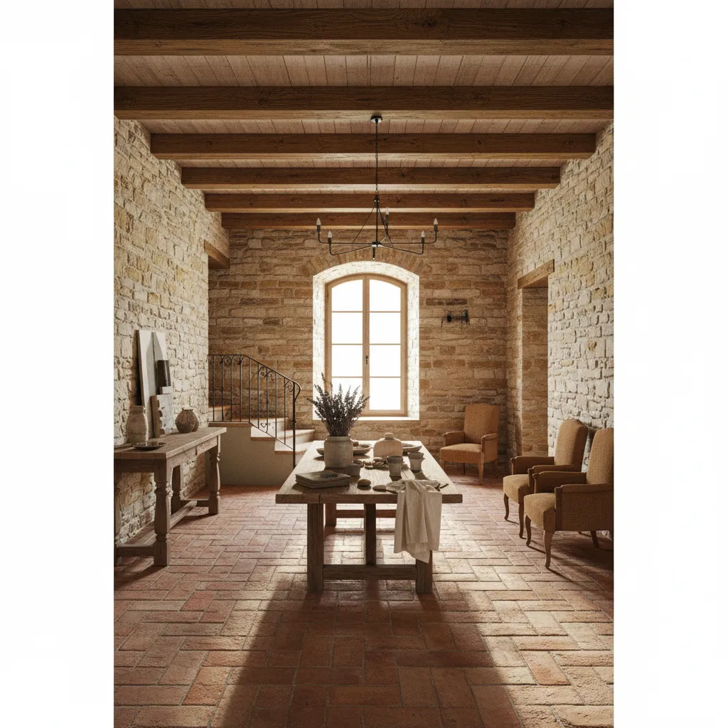 Tuscan resort interior showing stone walls terracotta floors and wooden beams