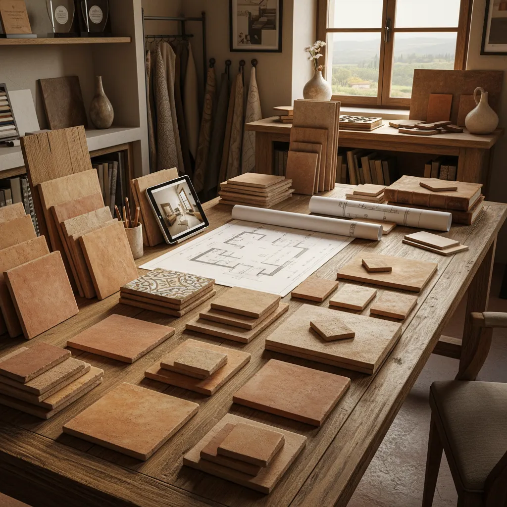 Tuscan renovation planning table with material samples tile wood and design sketches