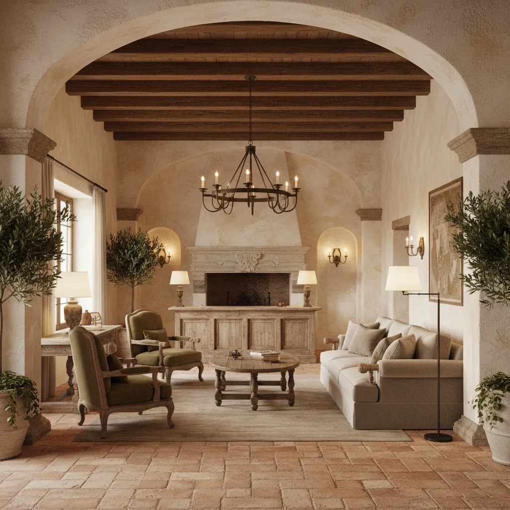 Tuscan style hotel lobby with plaster walls wooden beams and warm lighting