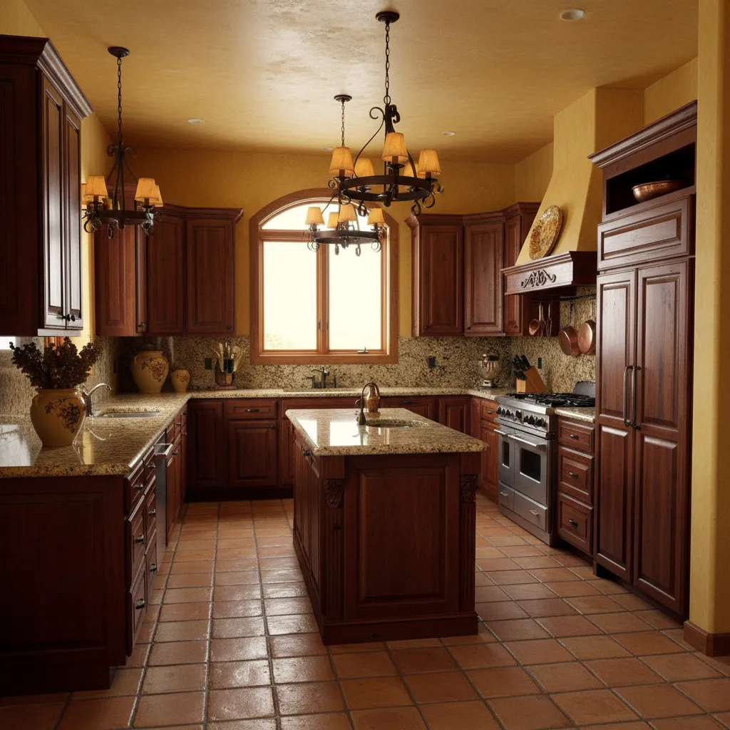 Tuscan inspired kitchen with granite counters and warm tones typical of 2005 homes