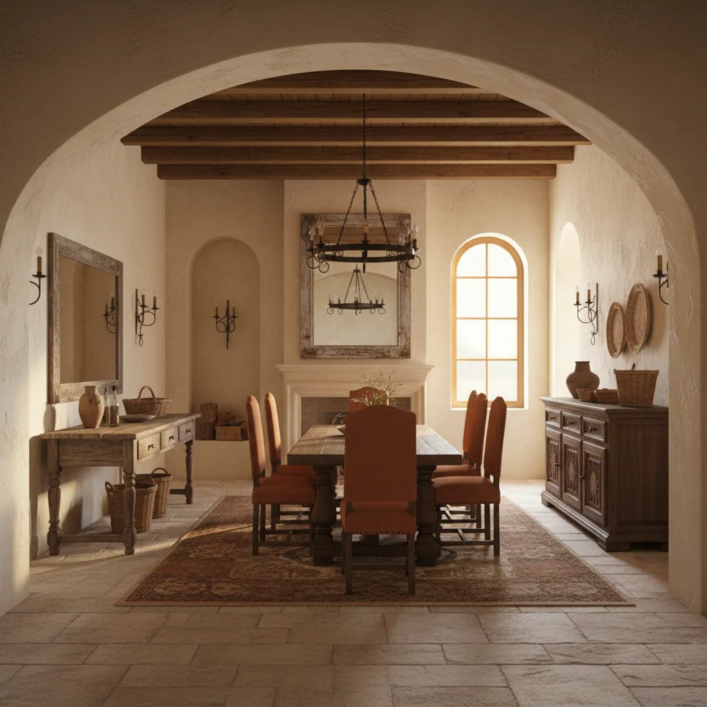Tuscan interior with layered plaster walls arches and warm lighting