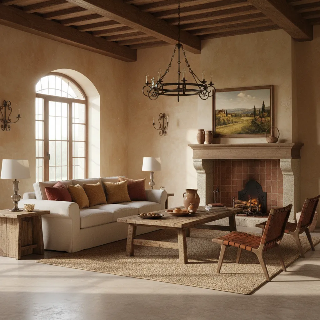 Tuscan style living room with limewash textured walls and rustic decor