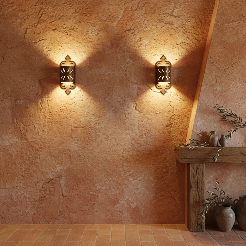 Warm lighting highlighting textured plaster wall in Tuscan interior
