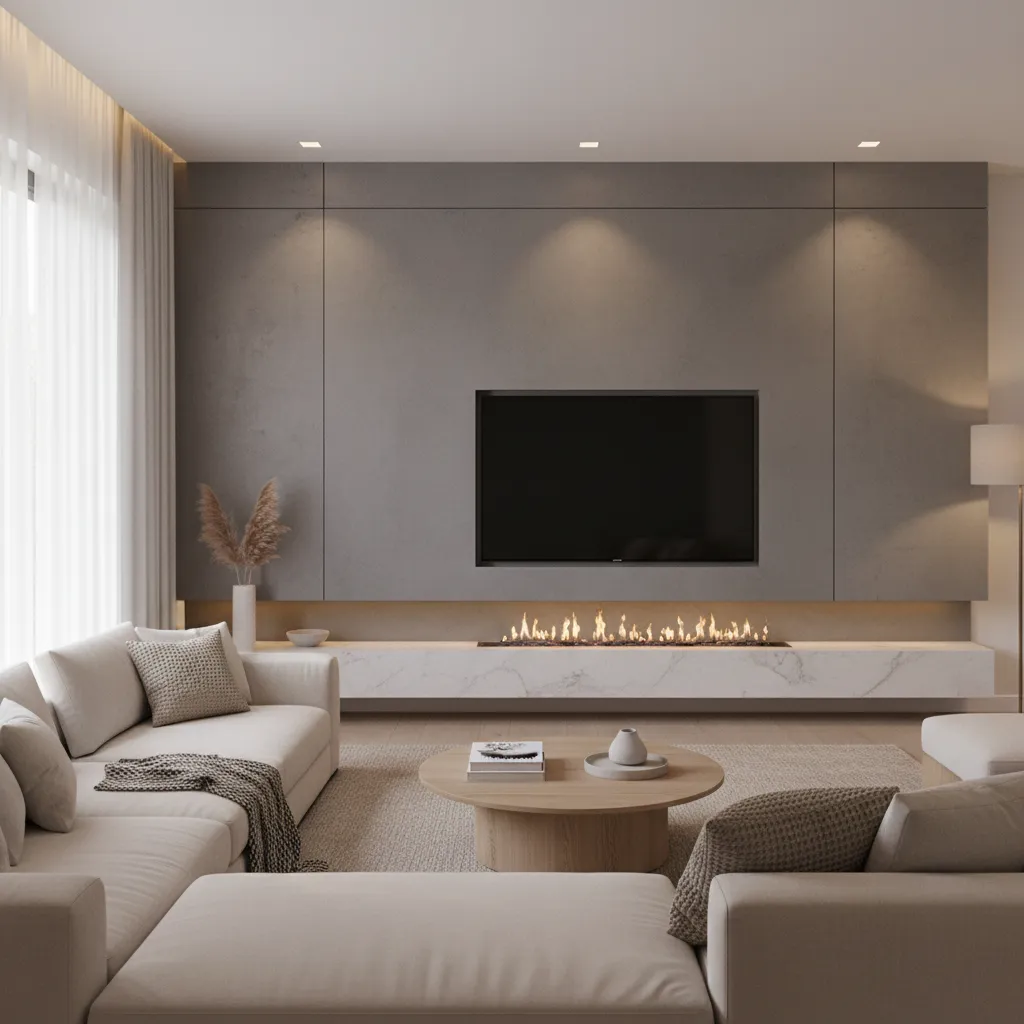 Modern living room with grey wall panel TV above fireplace cream sofa wooden coffee table