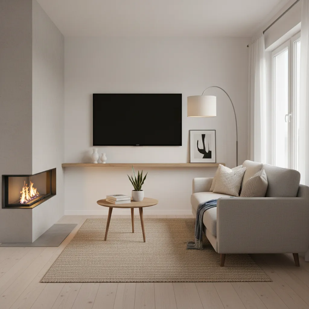 Wall mounted TV above modern fireplace in a small living room layout
