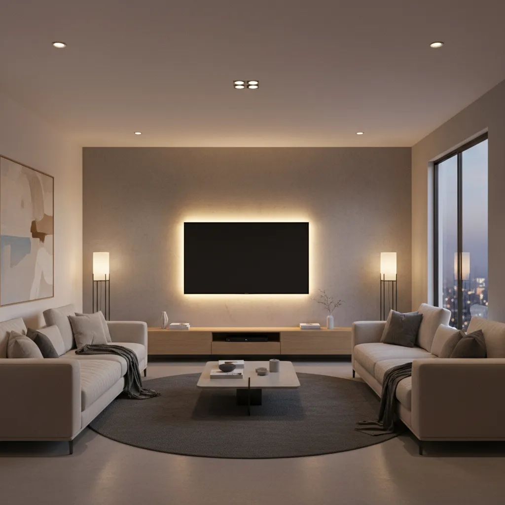 Living room TV with soft ambient backlighting to reduce eye strain