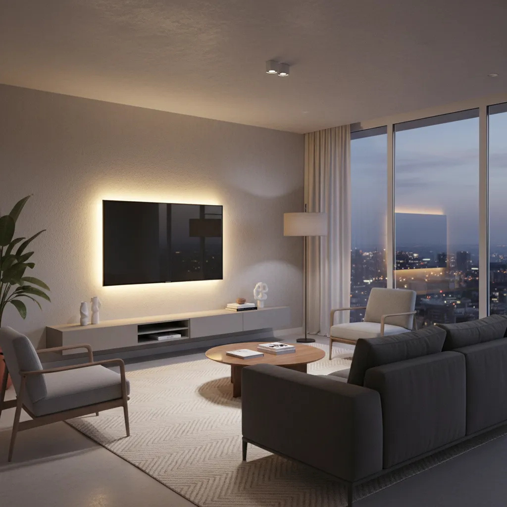 television with soft bias lighting behind screen in modern living room