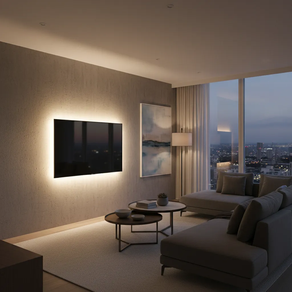 65 inch TV with LED bias lighting behind the screen in a small room
