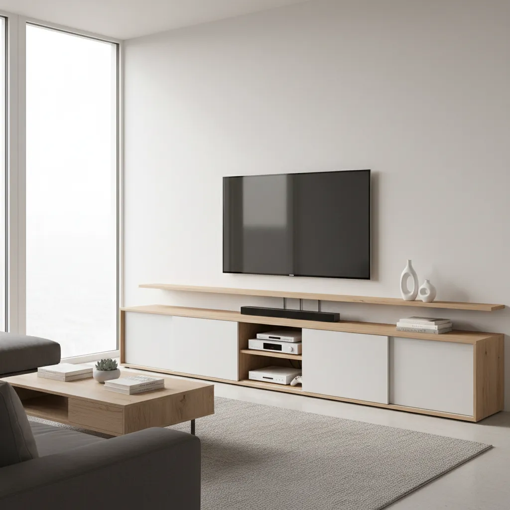 Minimalist living room showing a long wooden cabinet with white sliding doors and open storage