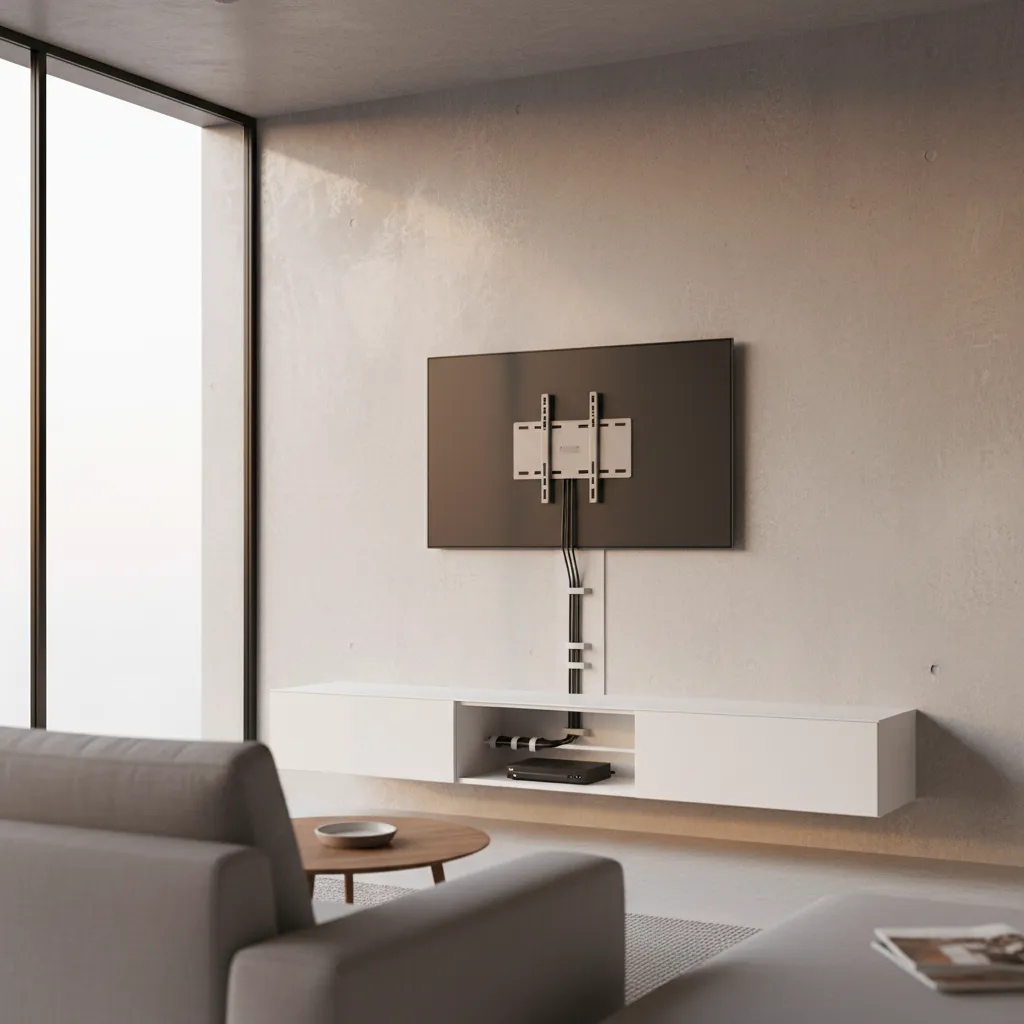 Back of wall mounted television showing tight cable space behind fixed mount