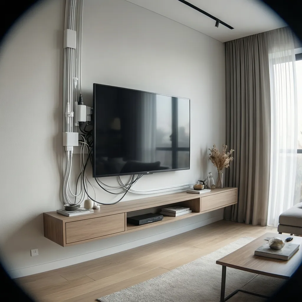 Wall mounted TV with white cable cover channel hiding wires vertically