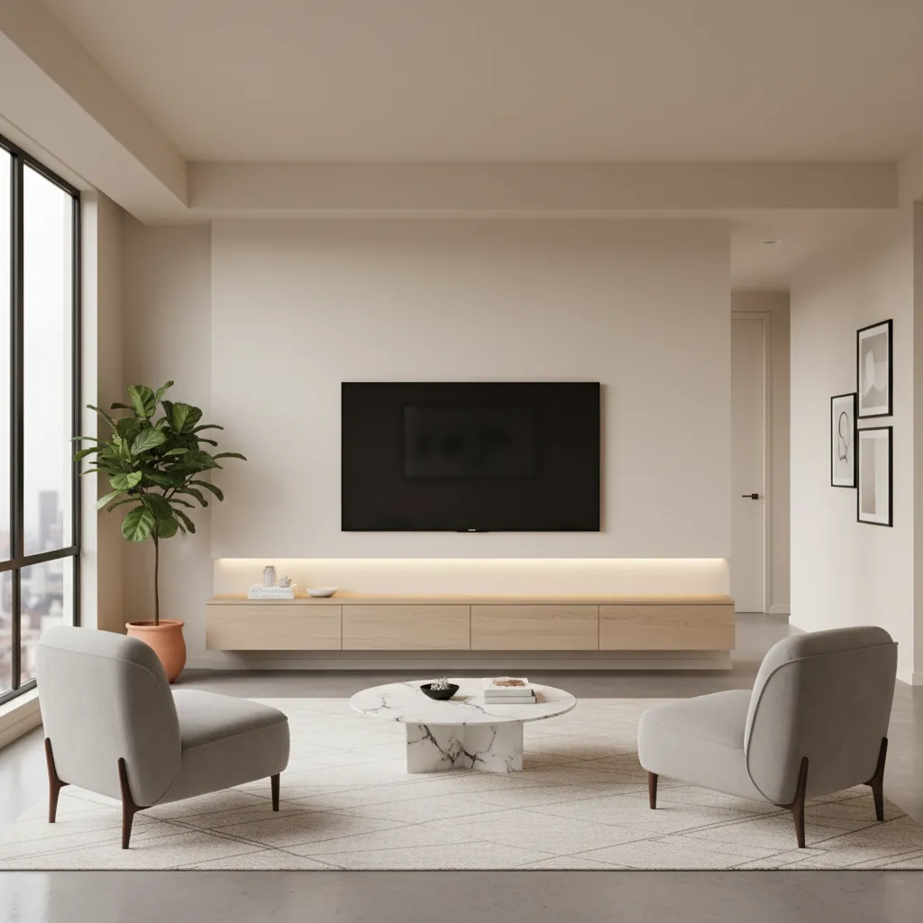 Wall mounted TV with hidden cable management and clean media console setup