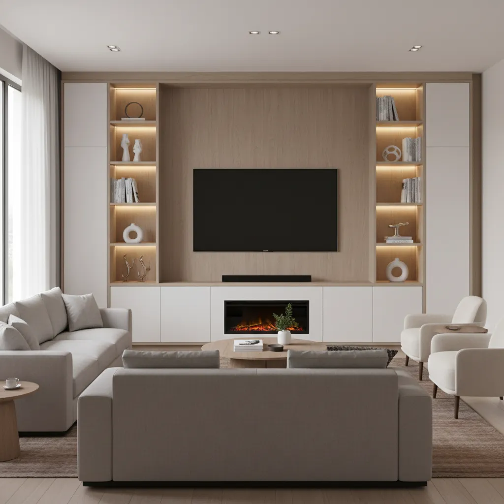 Modern living room with grey sofa, large wooden cabinet, television, electric fireplace, and white armchairs