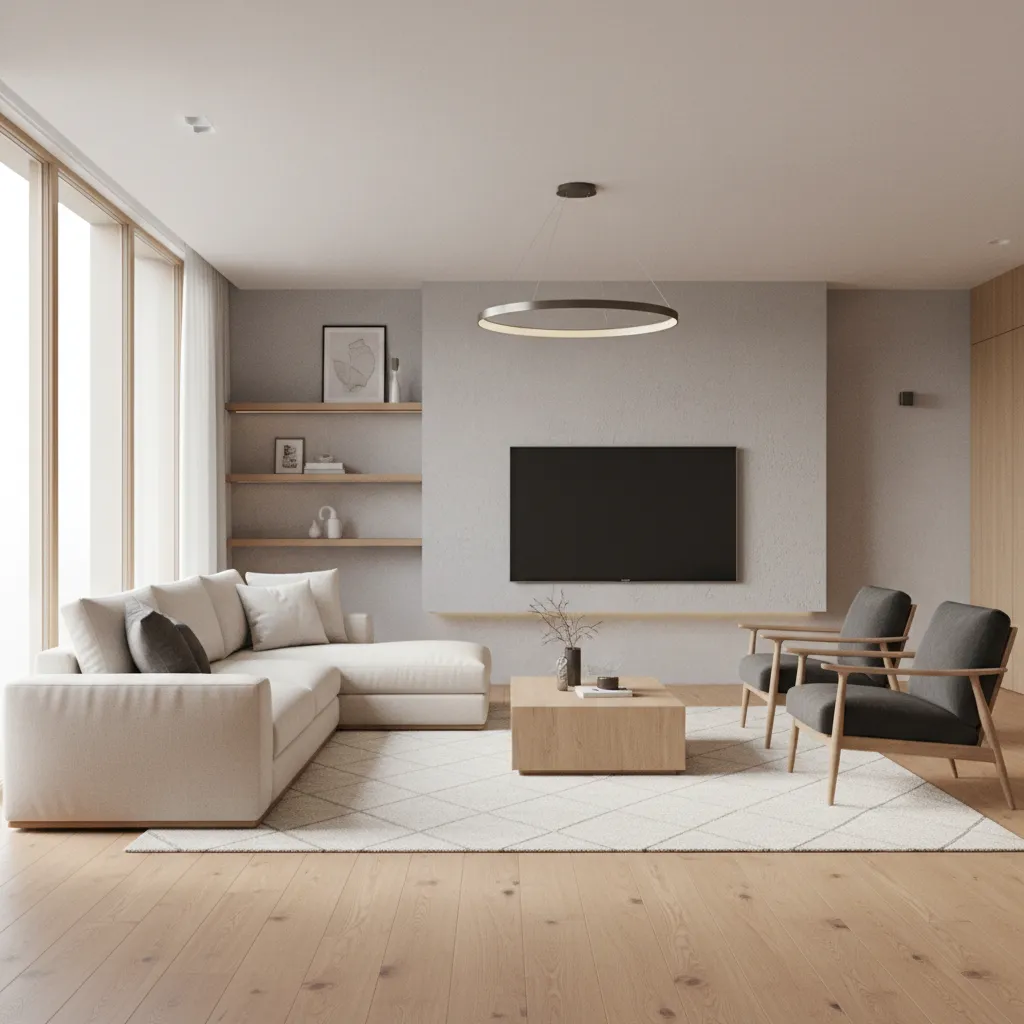 TV-centered seating arrangement in an L-shaped living room