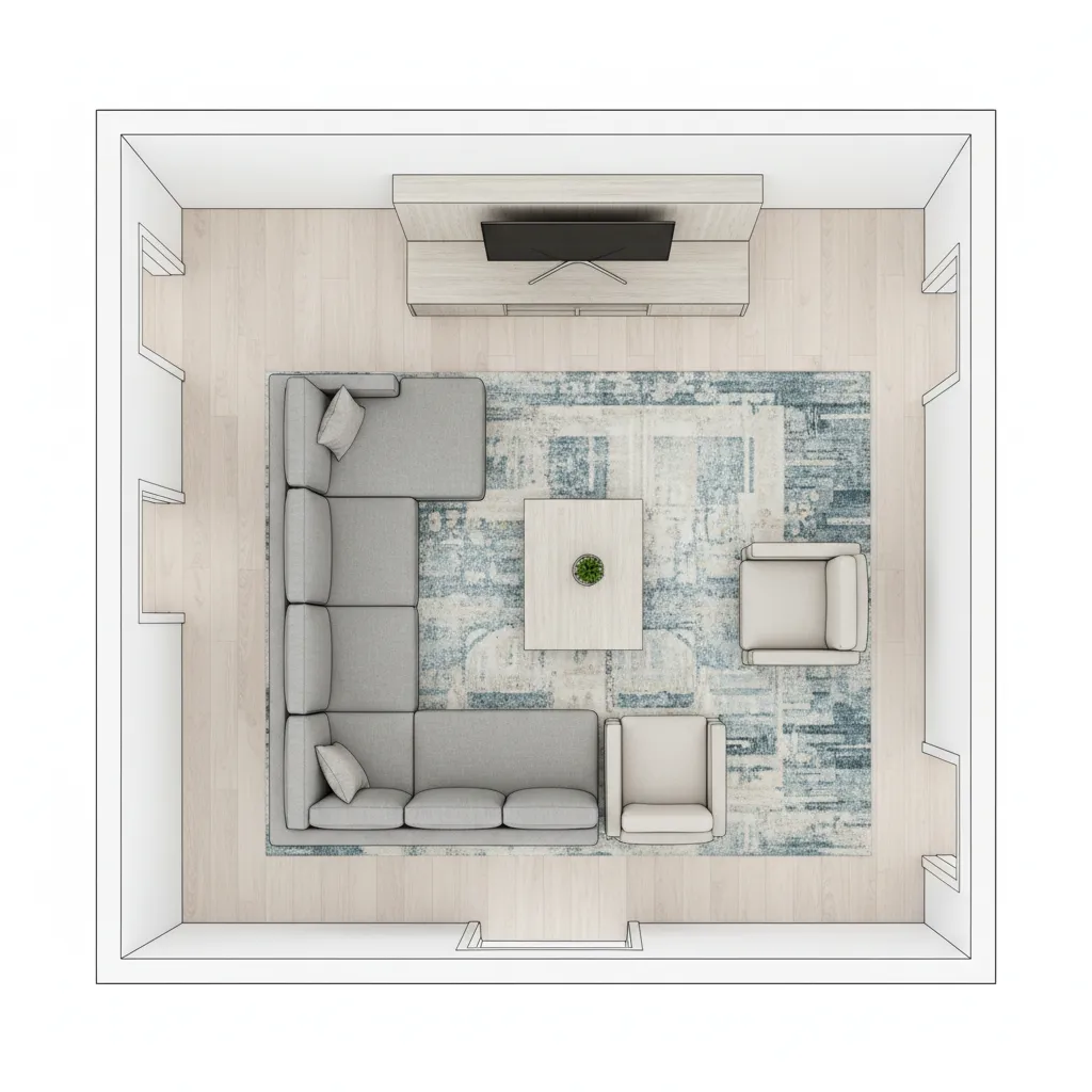 top view layout plan showing sofa and chairs around TV in square room