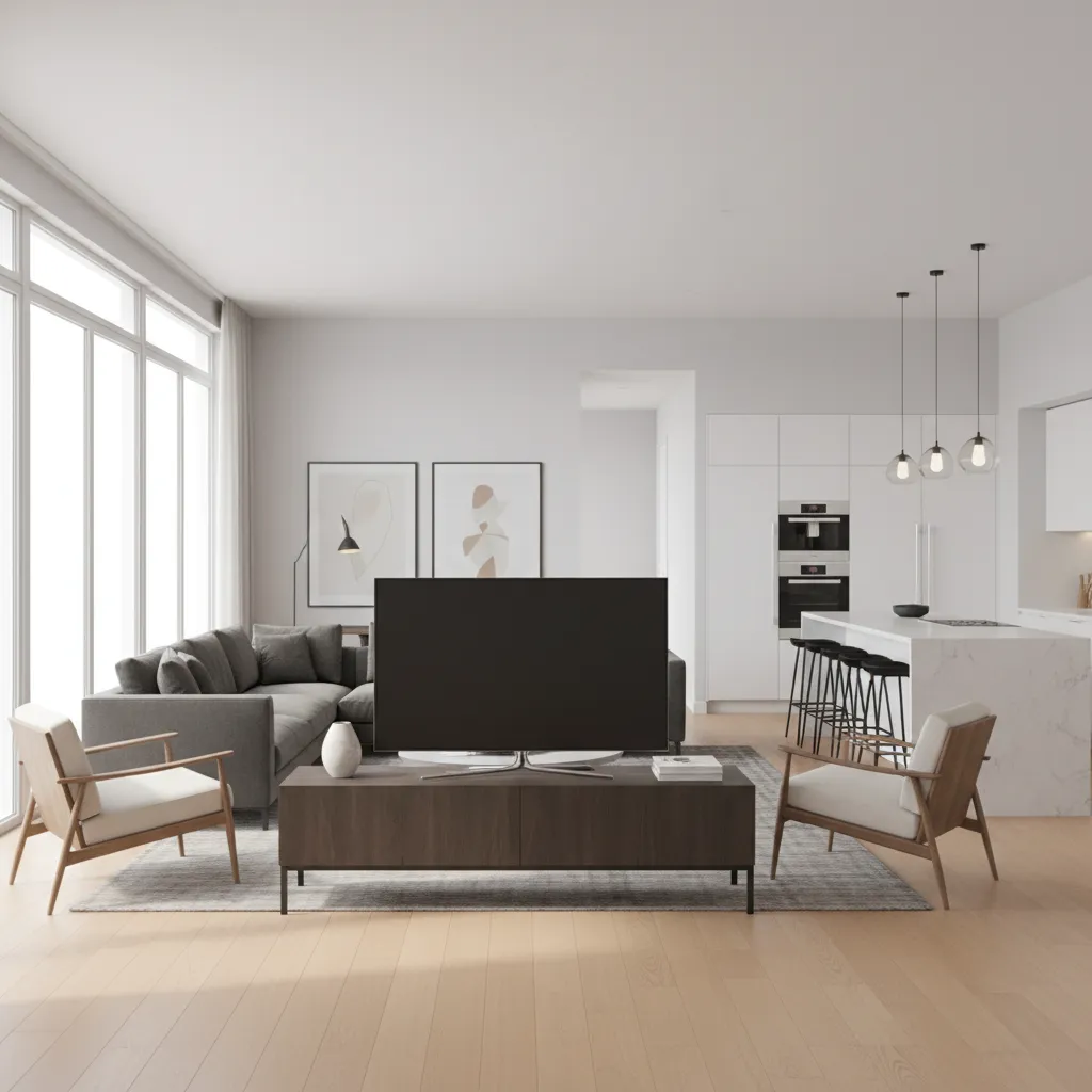 tv placed on console divider in open concept living room