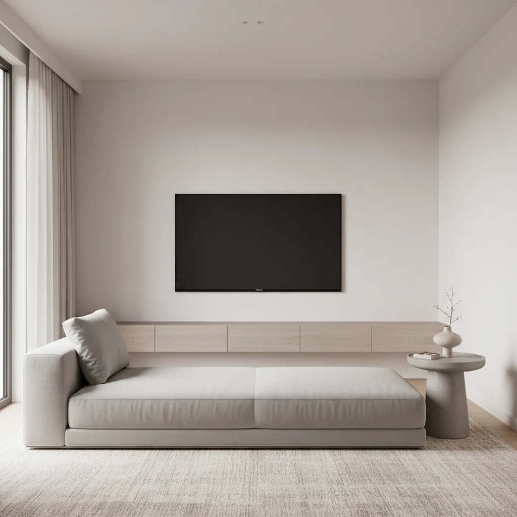 Wall mounted TV aligned with seated eye level in a small living room