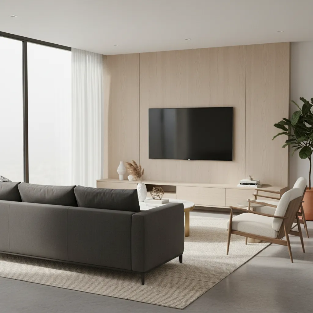 living room sofa facing wall mounted TV positioned at seated eye level