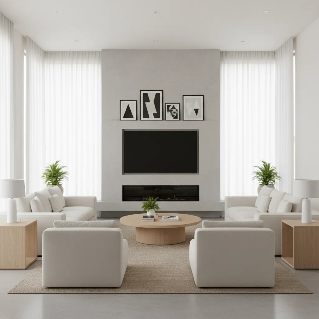 Living room layout with television mounted above fireplace and centered seating