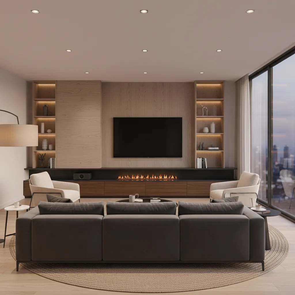TV focused furniture arrangement in a 16 x 13 living room